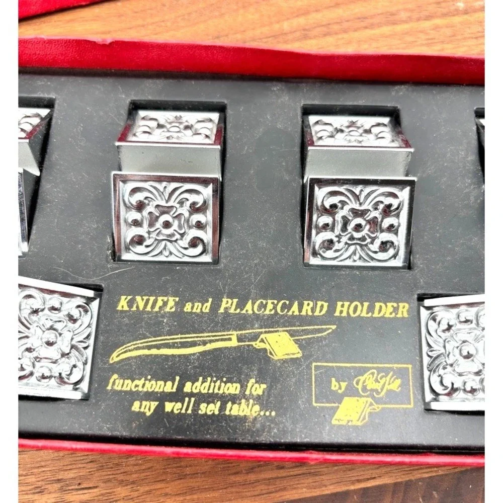 Vtg Set of 9 Knife & Place Card Holder Silver Tone Decorative Table Carvell Hall